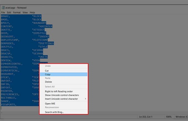 Mở file acad.pgp → Notepad → Sao chép