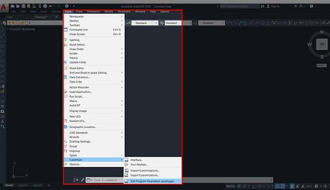 Tool → Customize → Edit Program Parameters (acad.pgp)