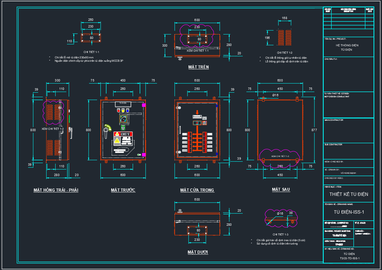 Bản vẽ kỹ thuật tủ điện chi tiết các mặt trong AutoCAD
