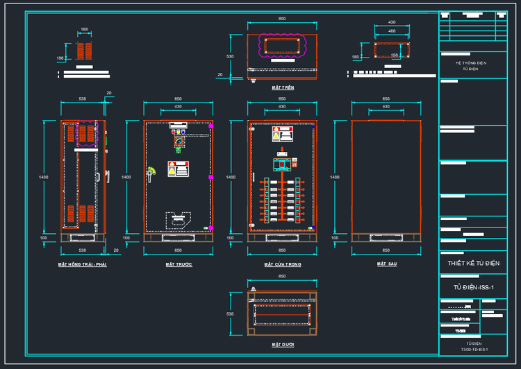 Bản vẽ AutoCAD thiết kế tủ điện với các mặt chi tiết và kích thước kỹ thuật.